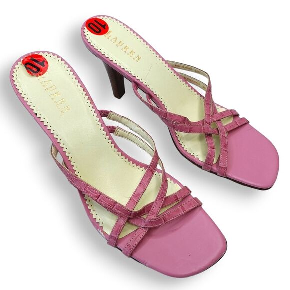 Ralph Lauren Karli Pink Fuchsia Faux Croc Strappy Leather Heels Sandals Sz 10 - Picture 5 of 8